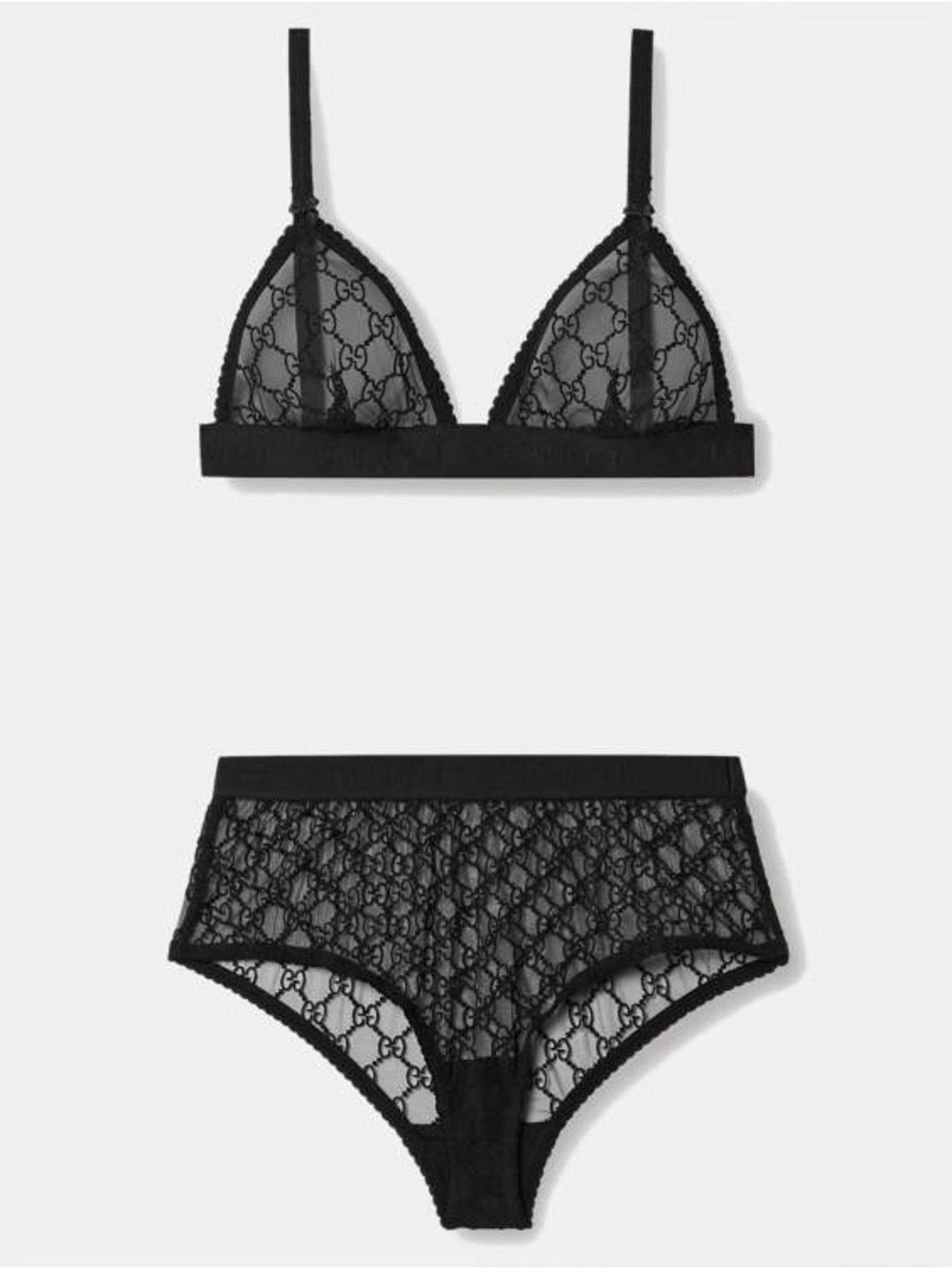 Gucci Black GG Embroidered Tulle Sheer Lingerie Set Size Small